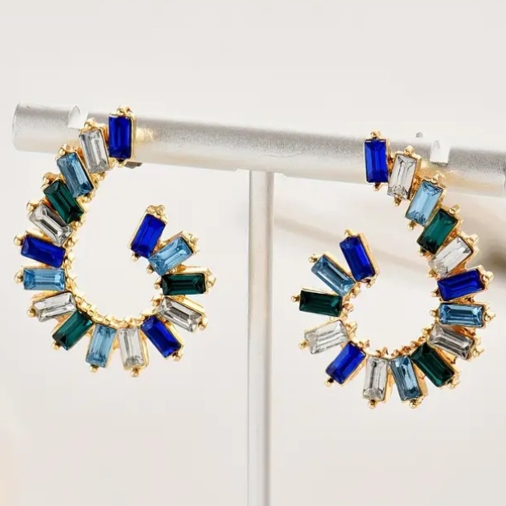 Swirl Blue Green Crystal Gold Toned Stud Earrings - Picture 4 of 4